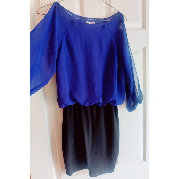 BONGO Dress Blue Black Split Sleeves Short Size Juniors S Small Bodycon Pencil - Picture 2 of 8